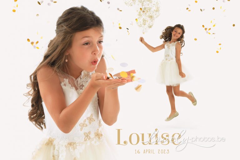 Communiekaartje met meisje in wit kleed dat goudconfetti blaast – communiefoto Lovely-Photos