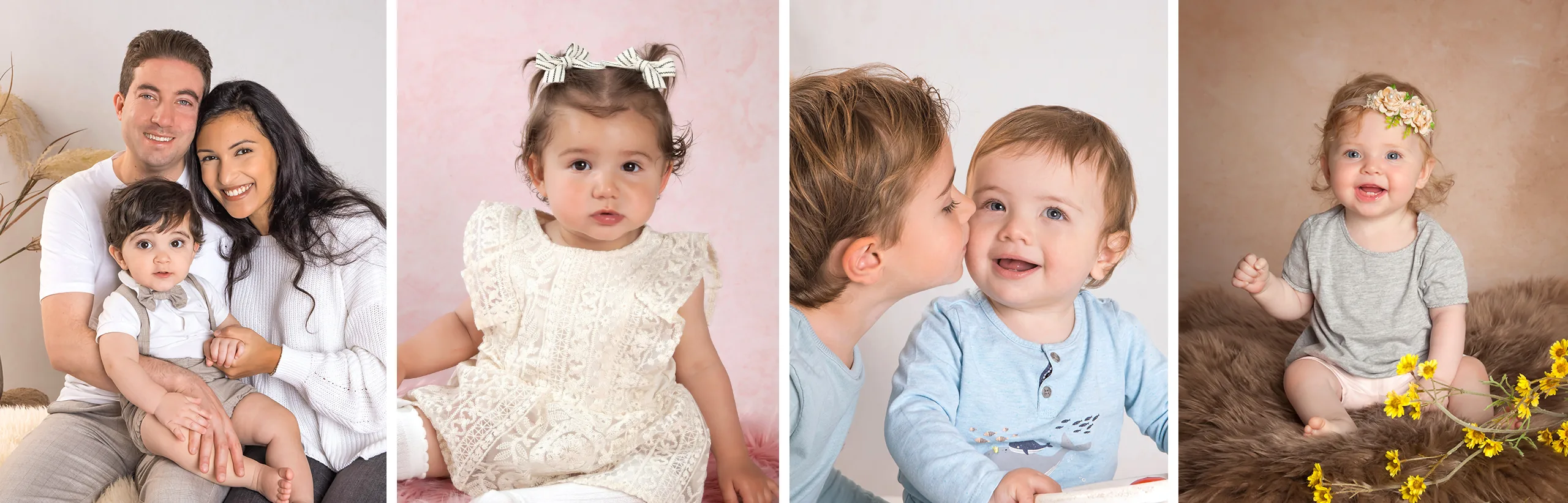 Ouders met hun babyzoon, babymeisje met strikjes, grote broer die zijn babybroertje kust en lachend babymeisje met bloemenhaarband – Baby & Family fotoshoot in Hasselt