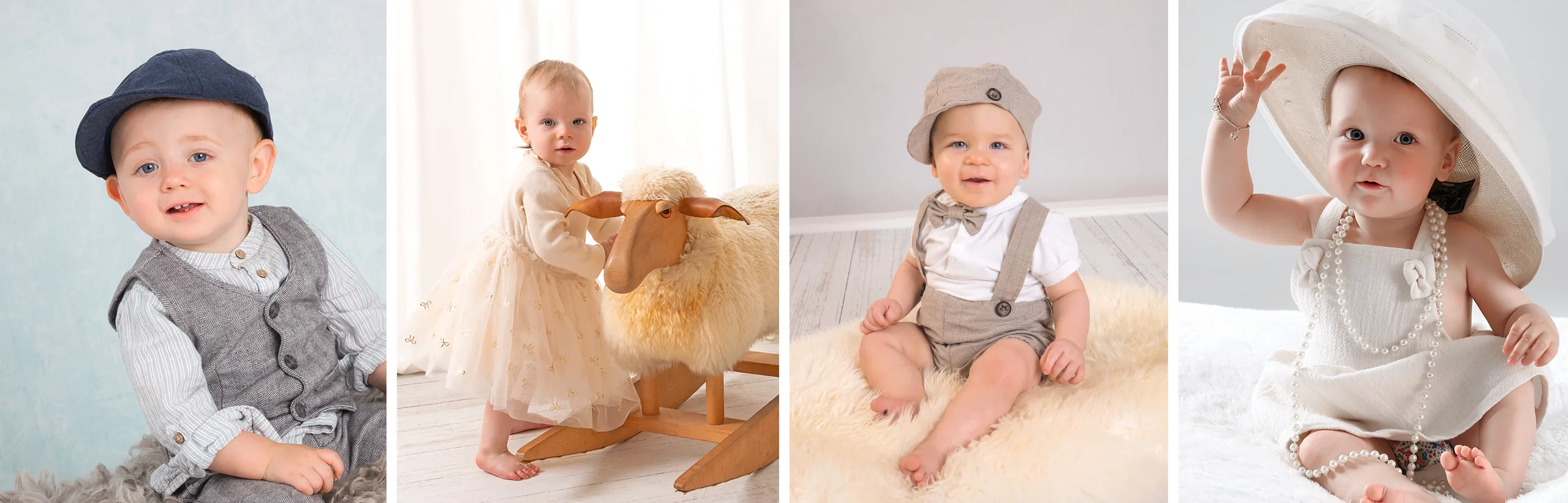 Vier baby’s in verschillende outfits: flatcap met gilet, tule jurkje bij een houten schaap, petje met bretels en een grote witte hoed met parels – babyfotoshoot Hasselt