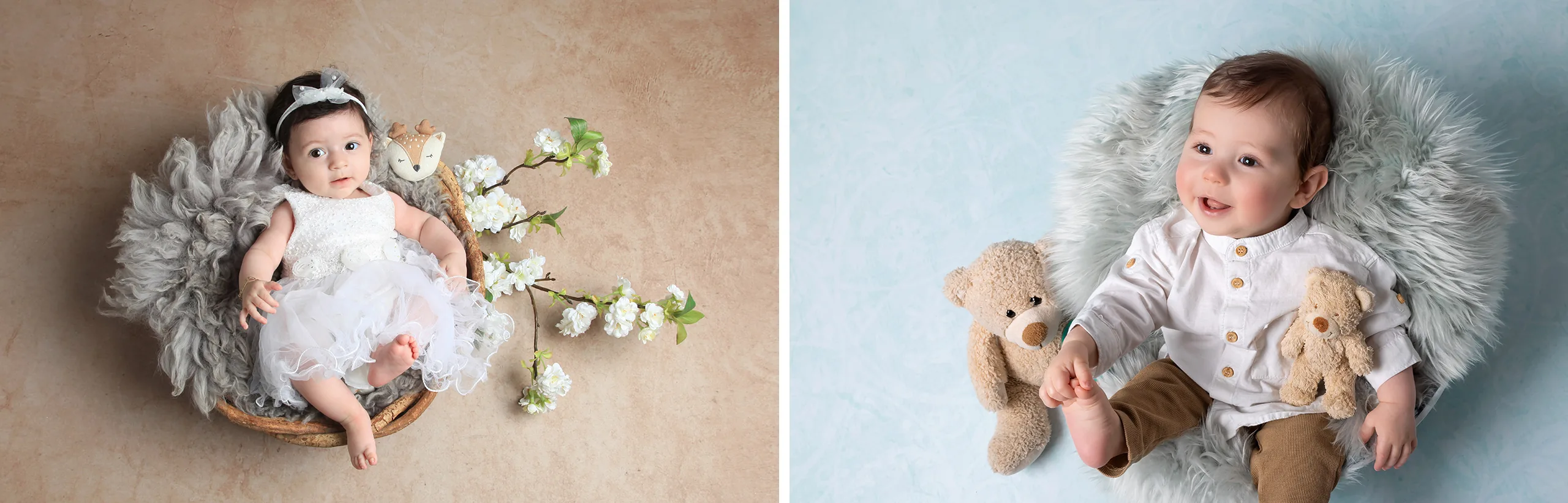 Babymeisje in wit tule jurkje in een mandje met bloesemtakken en hertje, en lachende babyjongen met teddyberen op een grijs vachtje – fotosets voor baby’s in Hasselt