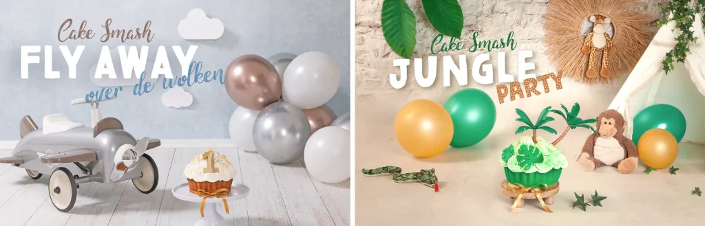 Twee cakesmash-decors: thema Fly Away met vliegtuigje en thema Jungle Party met aapje