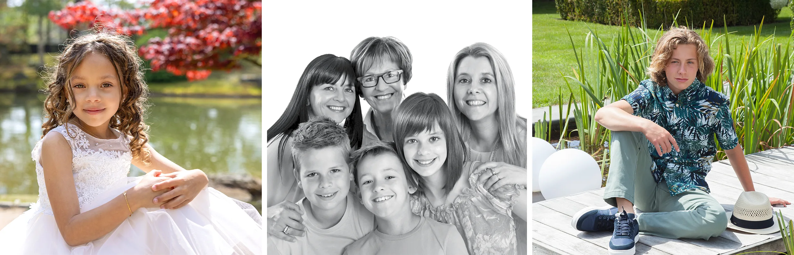 Communiemeisje in witte jurk bij een vijver met rode boom, zwart-wit familiefoto met grootmoeder en kleinkinderen, en tiener in bloemenhemd op een vlonder in de tuin – fotoshoot in Limburg