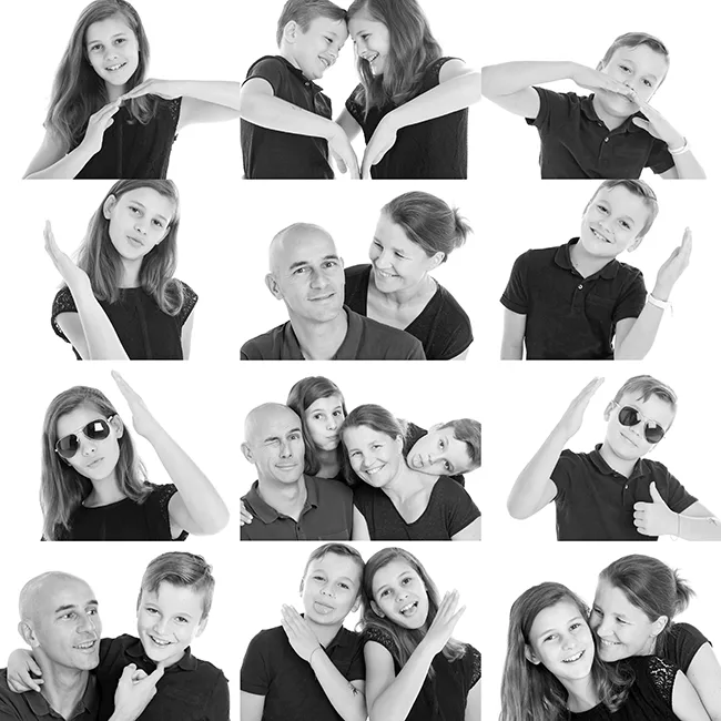 Collage van twaalf speelse zwart-witfoto’s van een gezin met zoon en dochter, met zonnebrillen en grappige poses – family fotoshoot in Hasselt